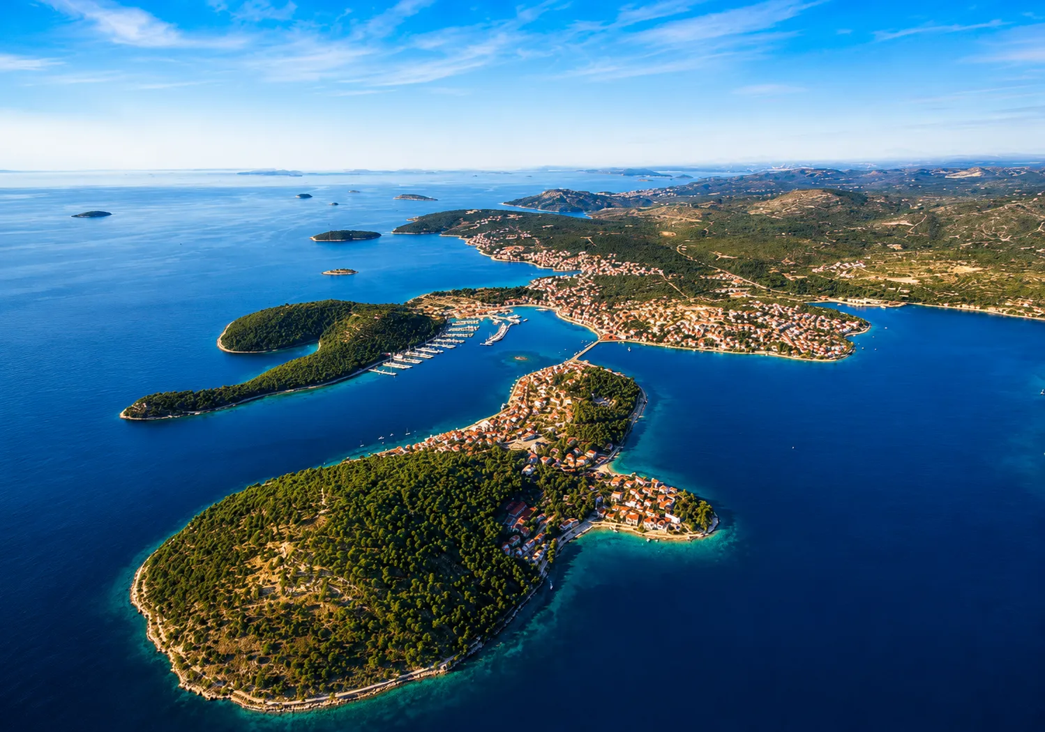 Aerial view of the Dalmatian islands and coves around Rogoznica